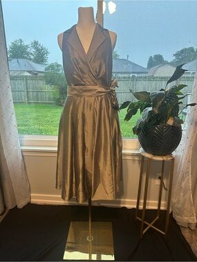 Jones Studio Satin Wrap Midi Dress in Champagne